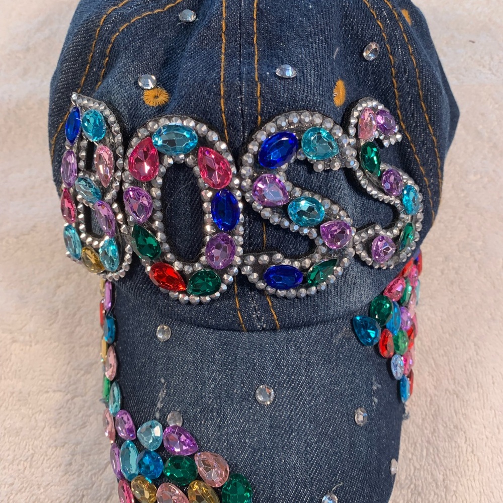 Embellished Denim Cap with Colorful Gems